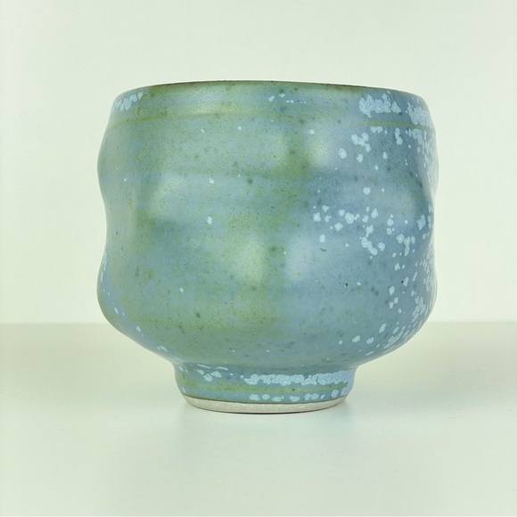 Organic Shape Freeform Pottery Cup Vase Artist Stamped H Blue Green Pedestal Bud - Picture 1 of 16